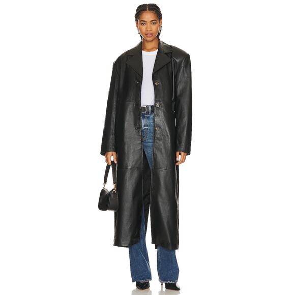 NWT GRLFRND The Long Leather Coat in Black Medium Oversized Maxi Matrix - Picture 1 of 9